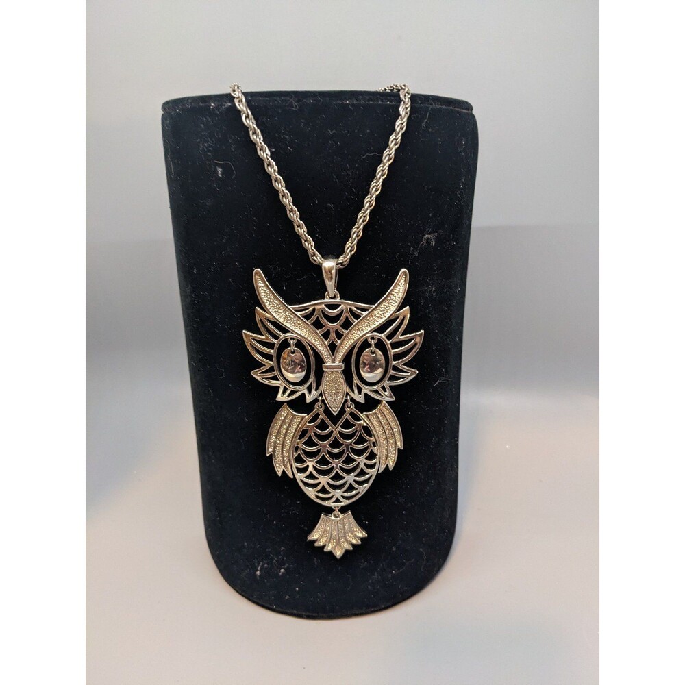 Reticulated shaky silvertone owl necklace mid-century modern retro 70s vintage